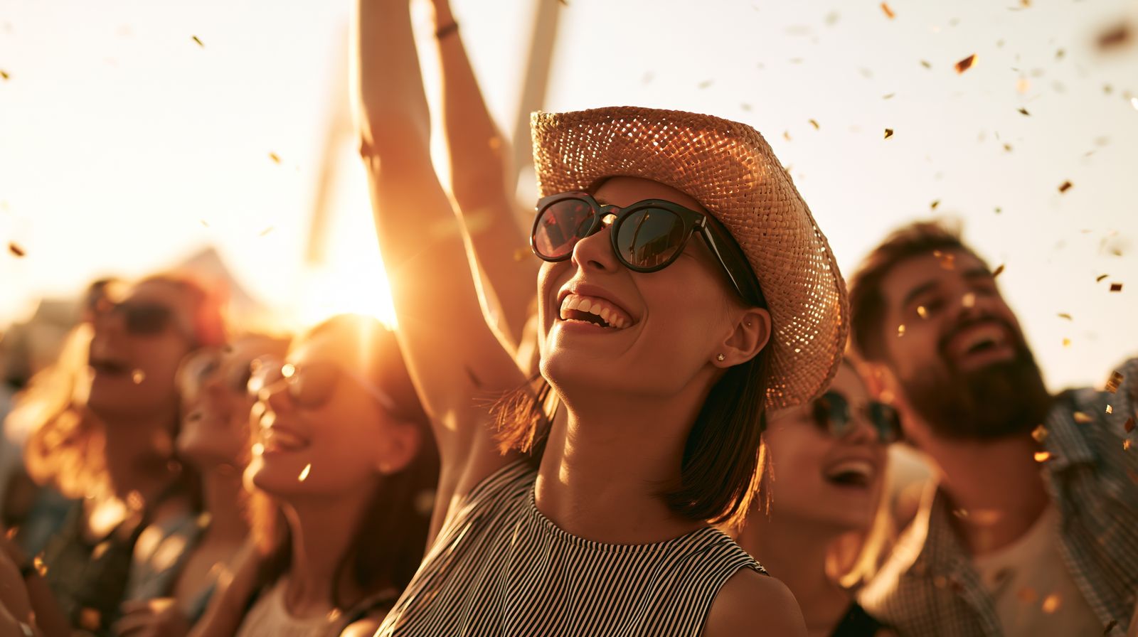 Público de festival celebrando al atardecer